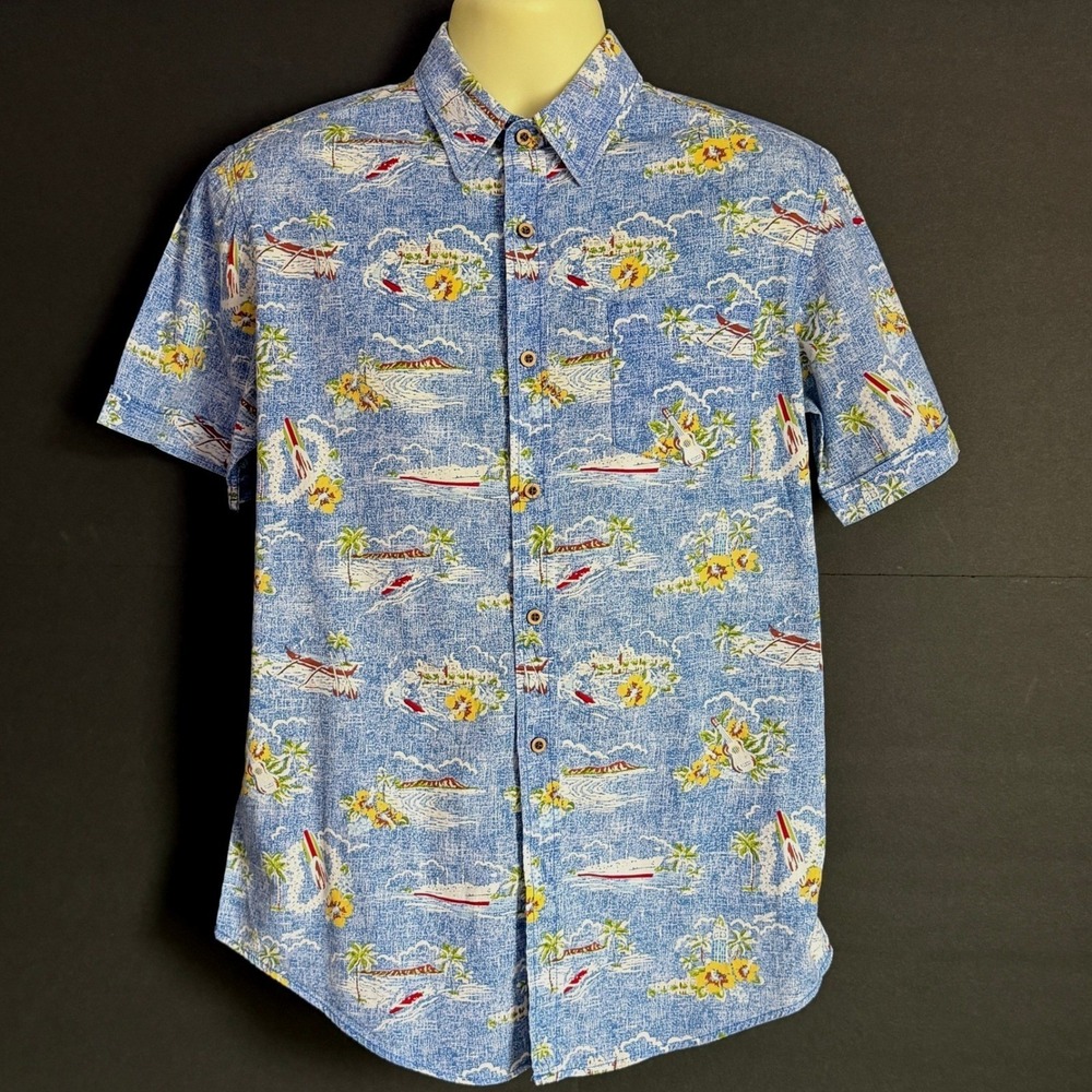 Coastal Mens Blue Hawaiian Tropical Print Short Sleeve Button Down Shirt Size M